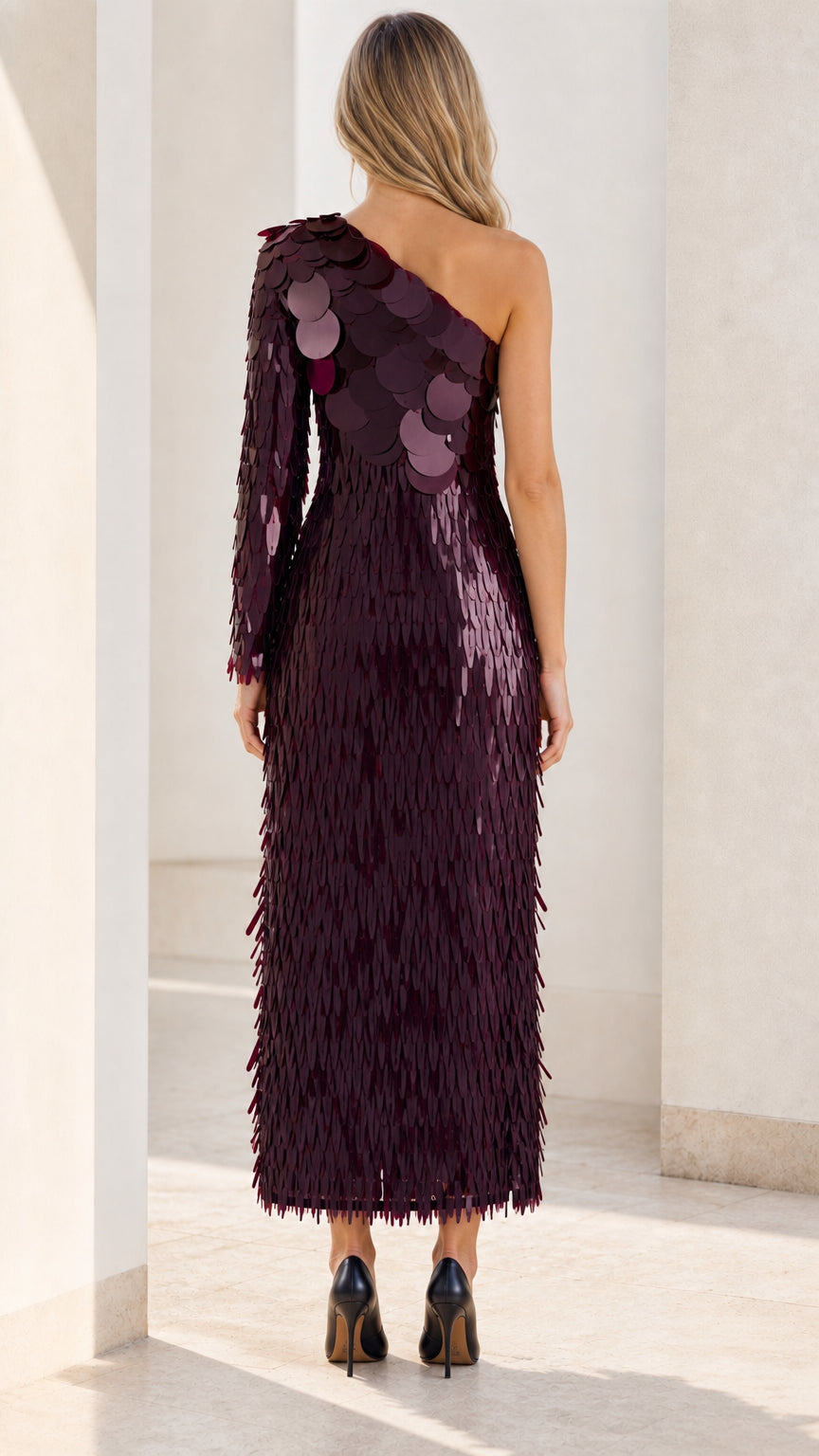 Back view of one-shoulder sequin fringe maxi dress in burgundy