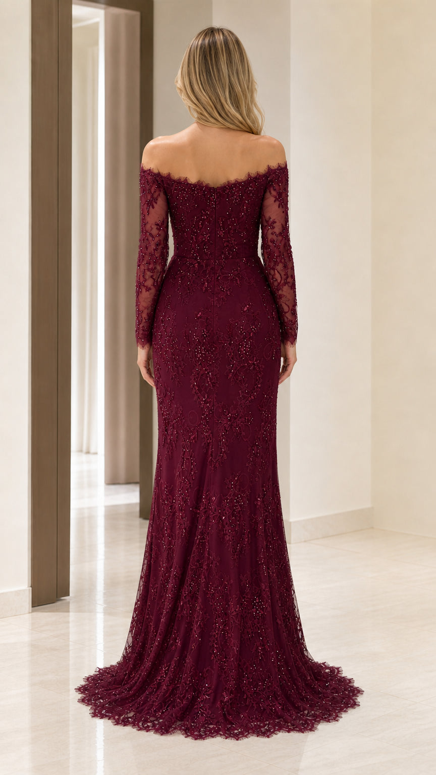 Back view showing sweep train of burgundy lace dress