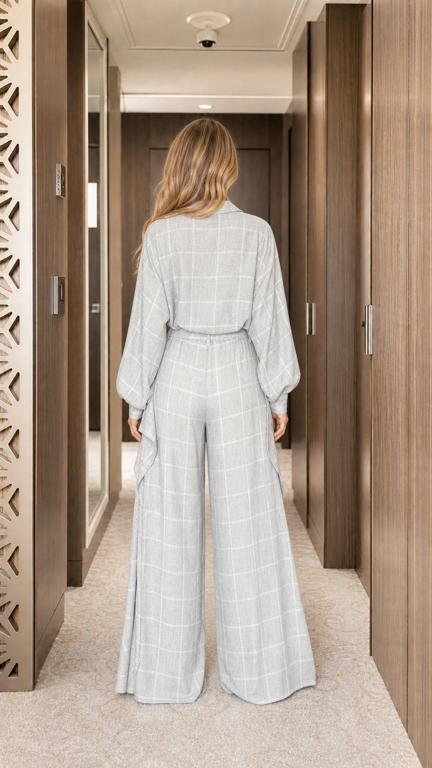 Back view of woman in light grey plaid wide leg jumpsuit