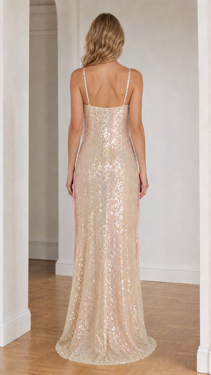 Back view of champagne sequin long evening dress