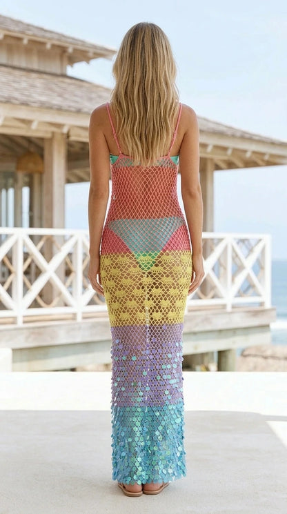 Back view of woman wearing multi-color crochet maxi cover-up dress