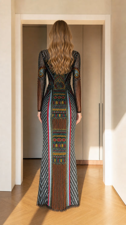 Back view of black multicolor beaded evening gown showing intricate back detailing