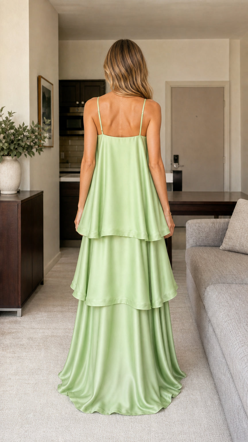 Back view of sage green tiered maxi dress