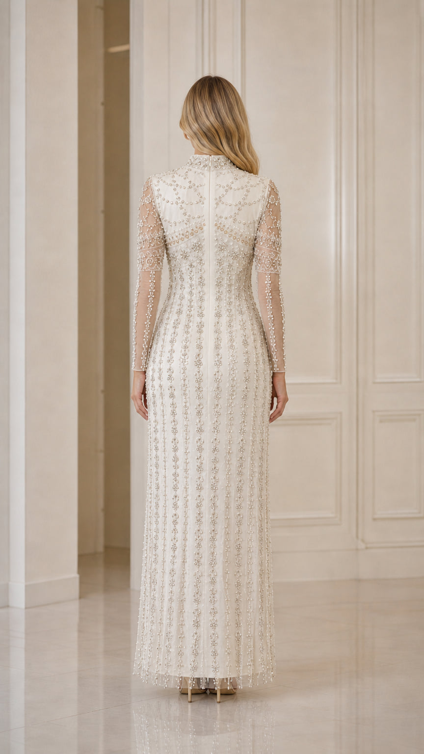 Ivory beaded column formal dress back view