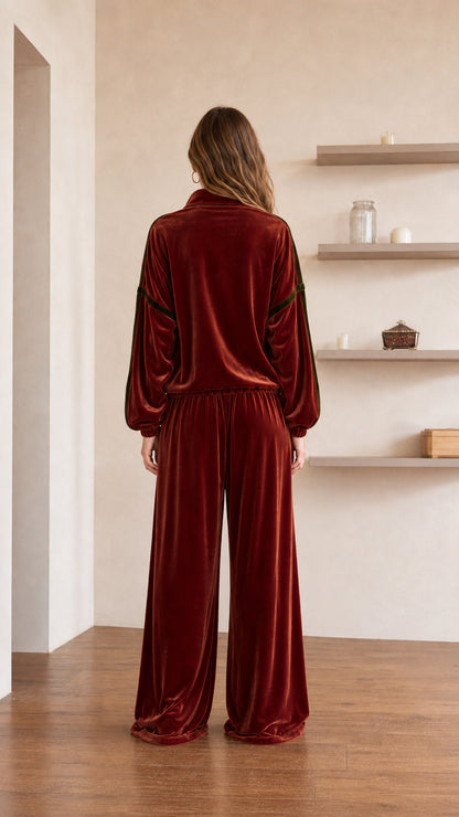 Back view of rust velvet matching set