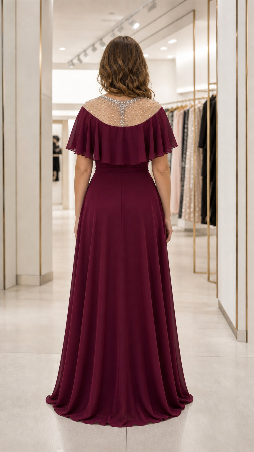Back view of burgundy evening gown