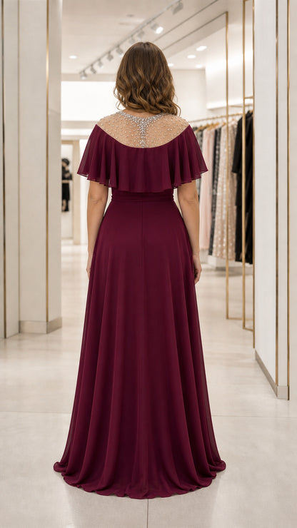 Back view of burgundy evening gown