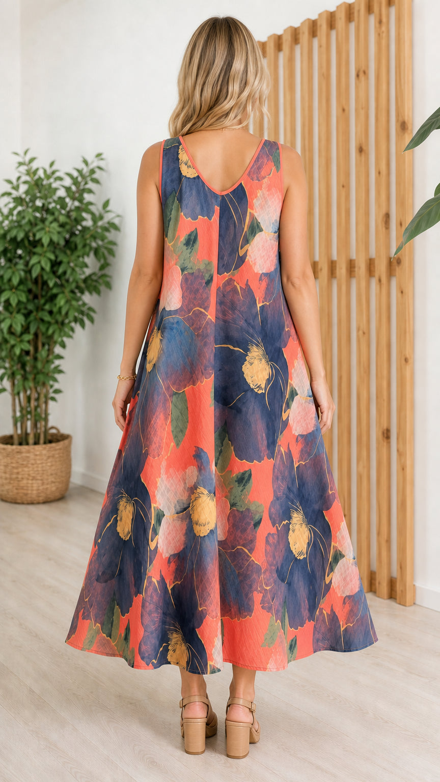 Back view of woman wearing orange floral maxi dress