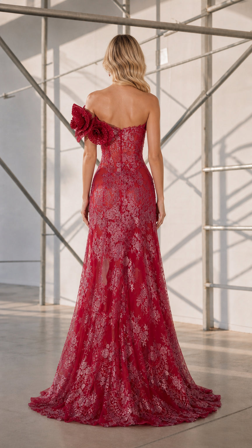 Back view of red lace maxi dress with sweep train