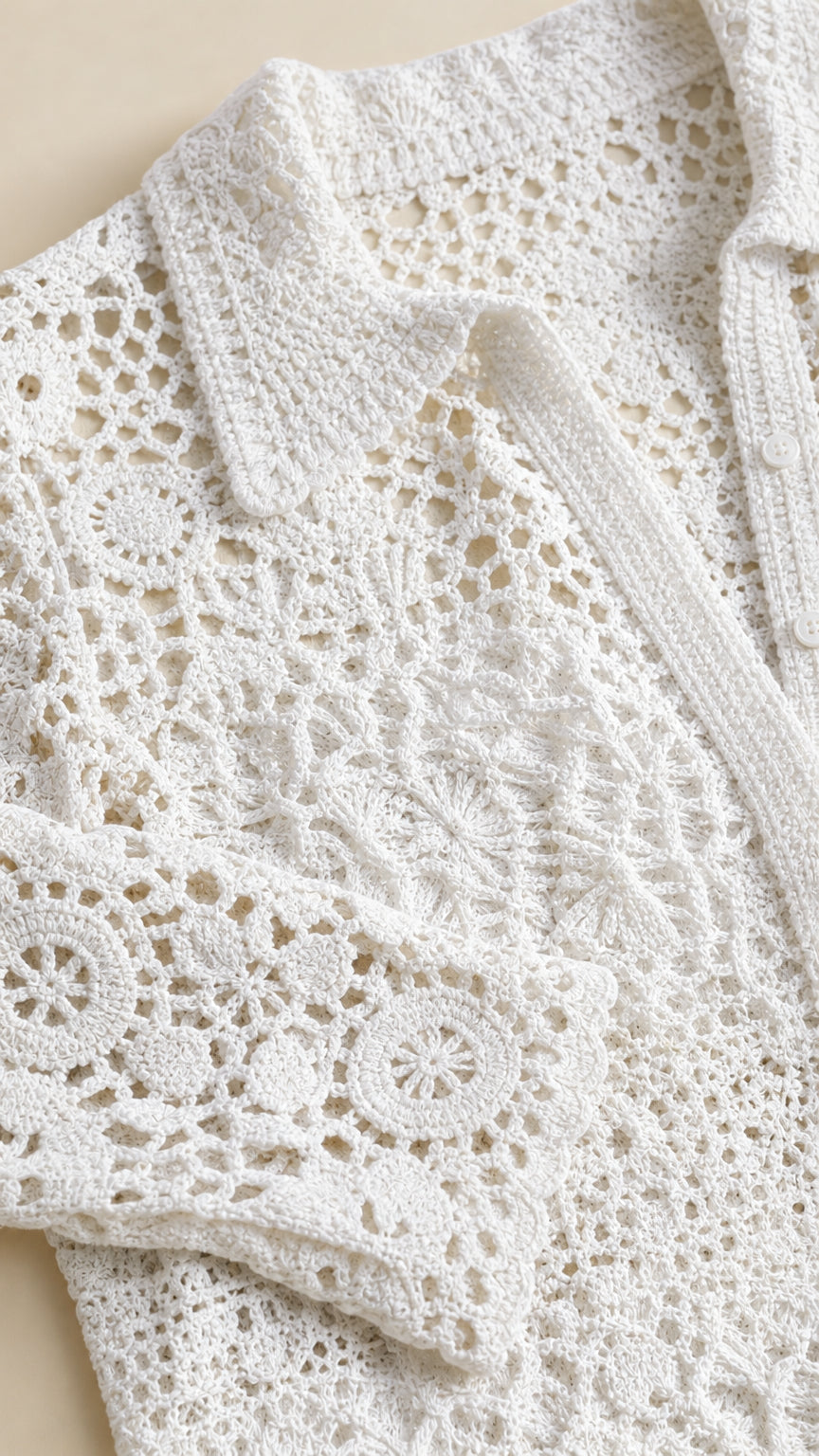 Close-up detail of white textured crochet lace fabric and collar