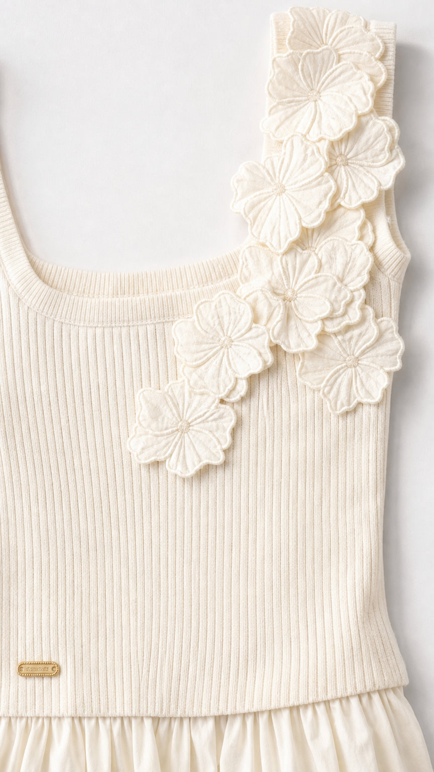 Close-up detail of 3D floral shoulder appliqués and ribbed bodice