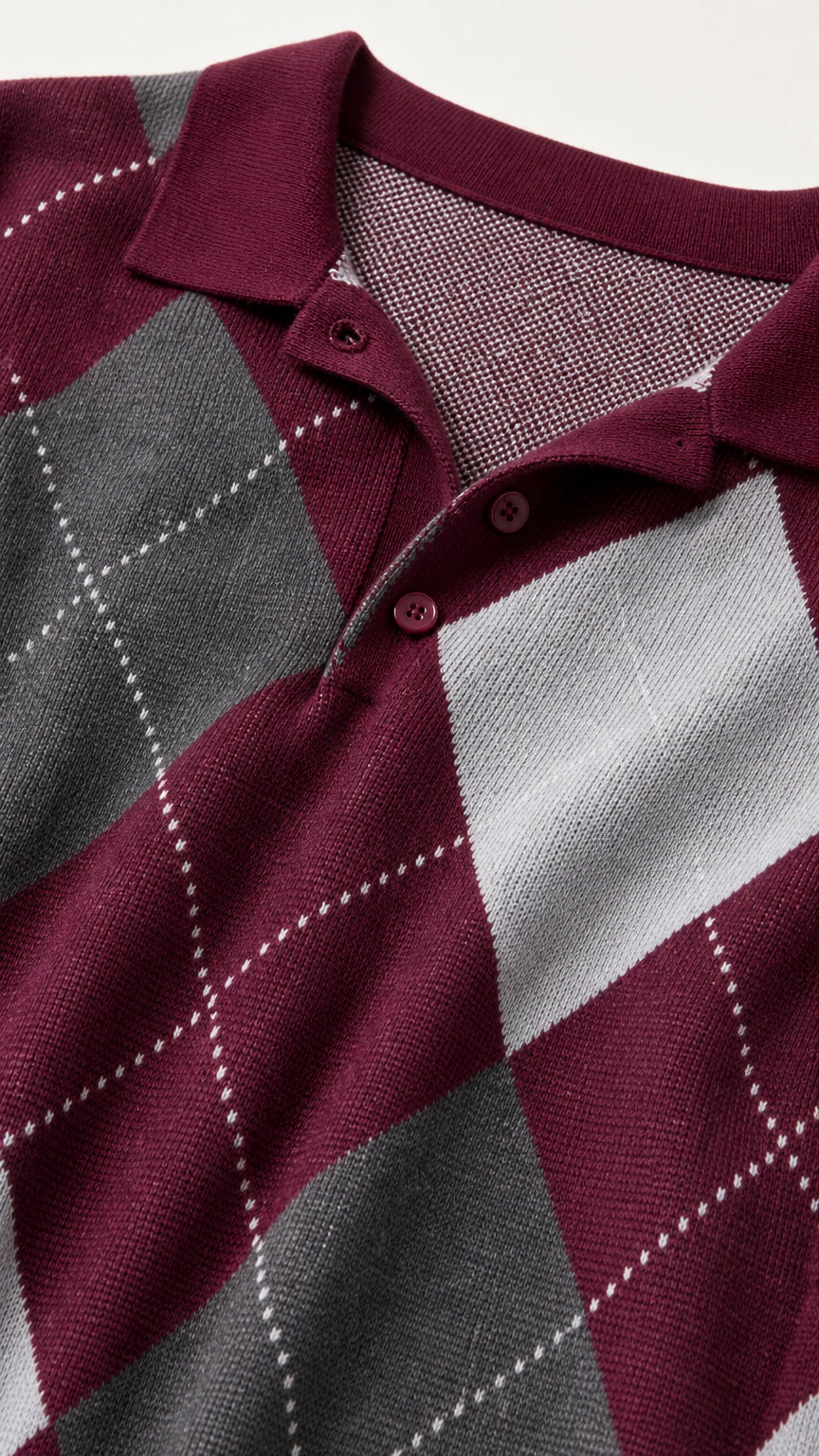 Close up of collar and argyle pattern knit detail