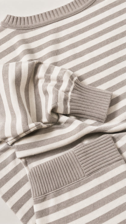 Close up of knit texture and ribbed cuffs on beige striped set