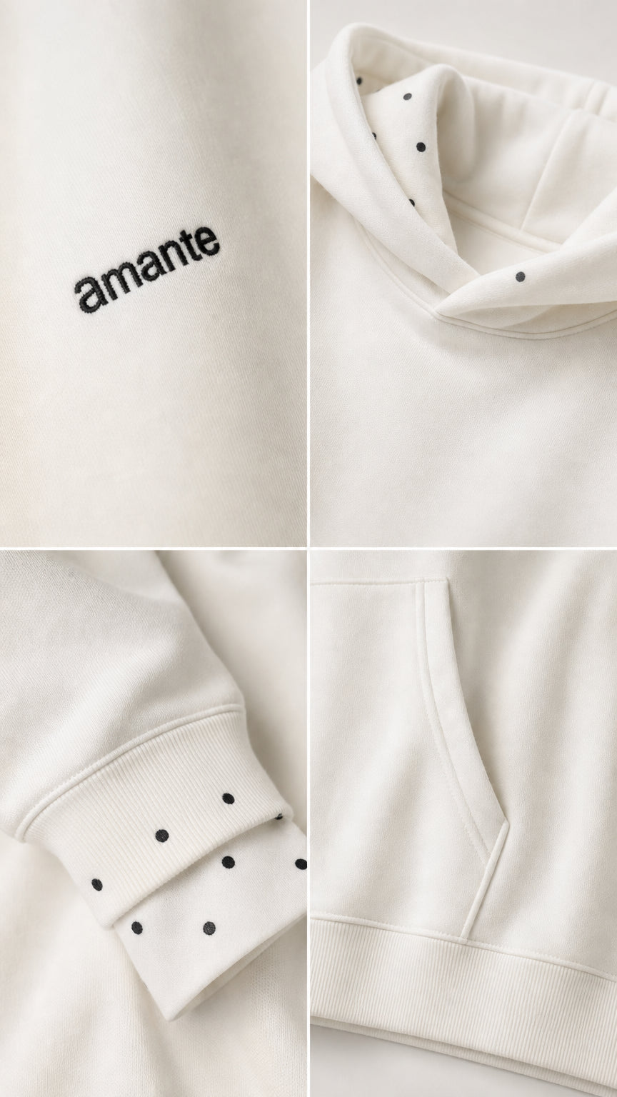 Close-up details of white hoodie embroidery, pocket, and cuff