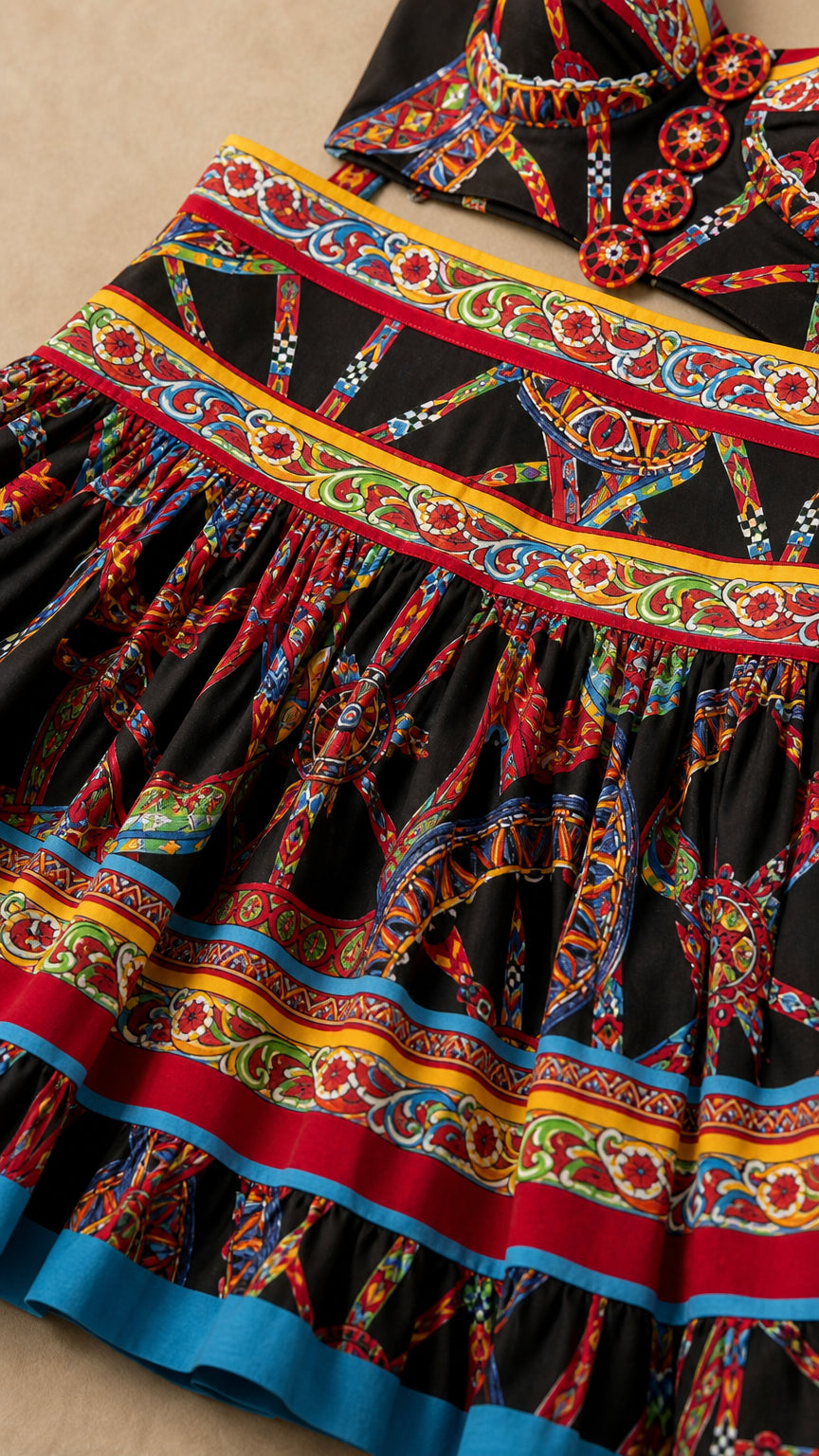Close-up detail of rich multi-colored ornamental print and hemline
