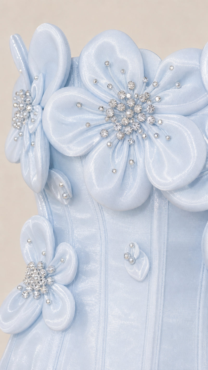Close up of 3d flower applique with crystal center