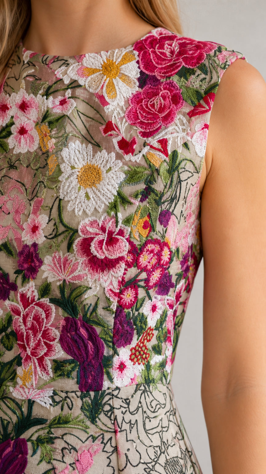 Close-up detail of floral embroidery and neckline