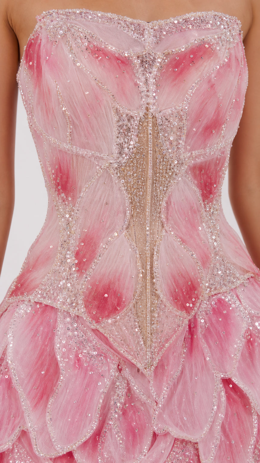 Close up of crystal embellished bodice and petal appliques