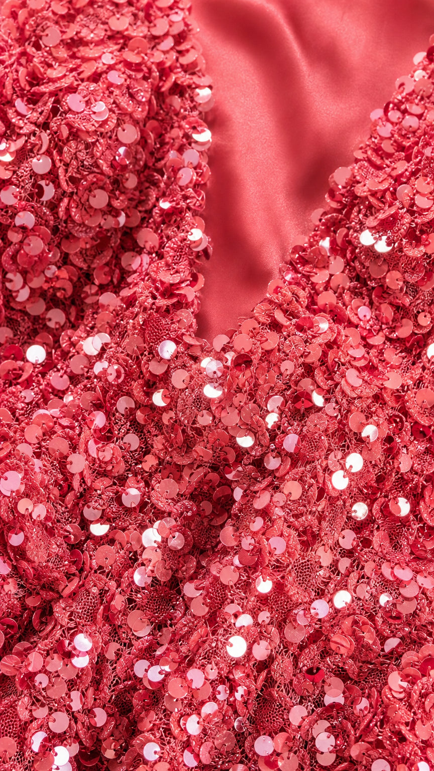 Close up of red sequin fabric texture