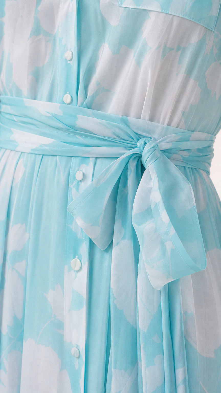 Close-up of aqua floral shirt dress waist tie and button-front details