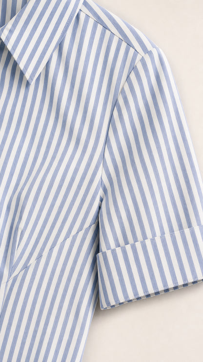 Close-up detail of blue striped sleeve and collar
