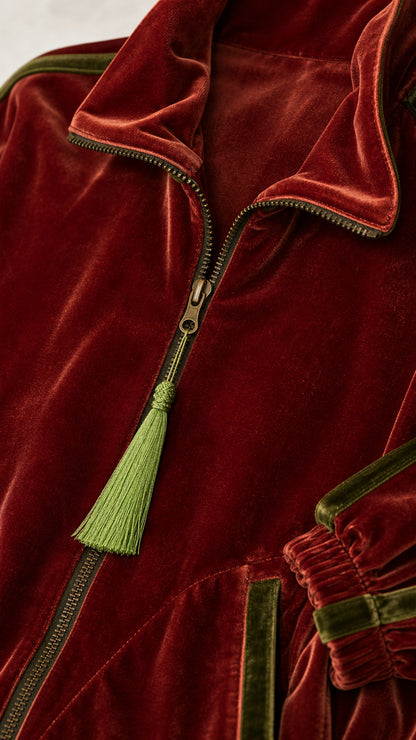 Close-up detail of rust velvet jacket zipper and contrast piping