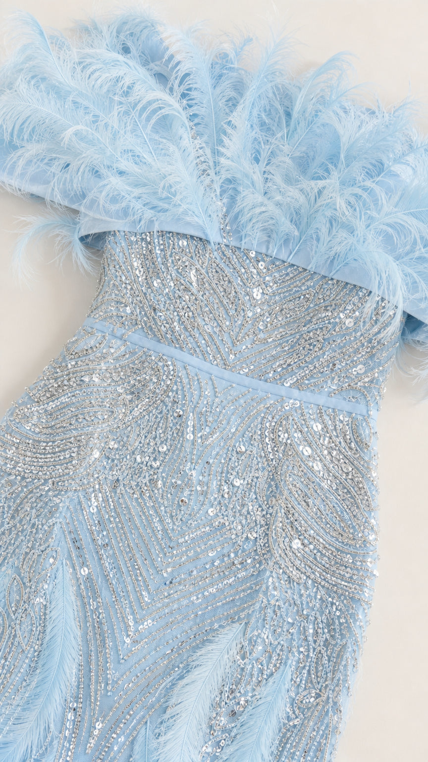 Close up detail of light blue sequin embroidery and feather neckline
