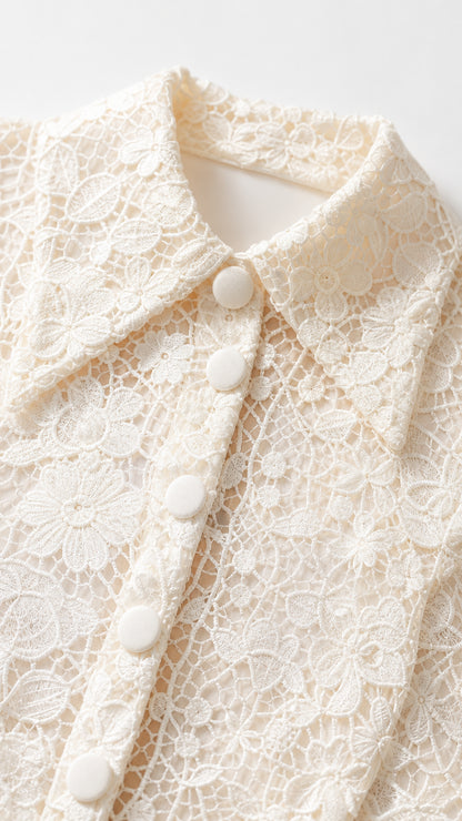 Close-up detail of white lace collar, floral texture, and fabric-covered buttons
