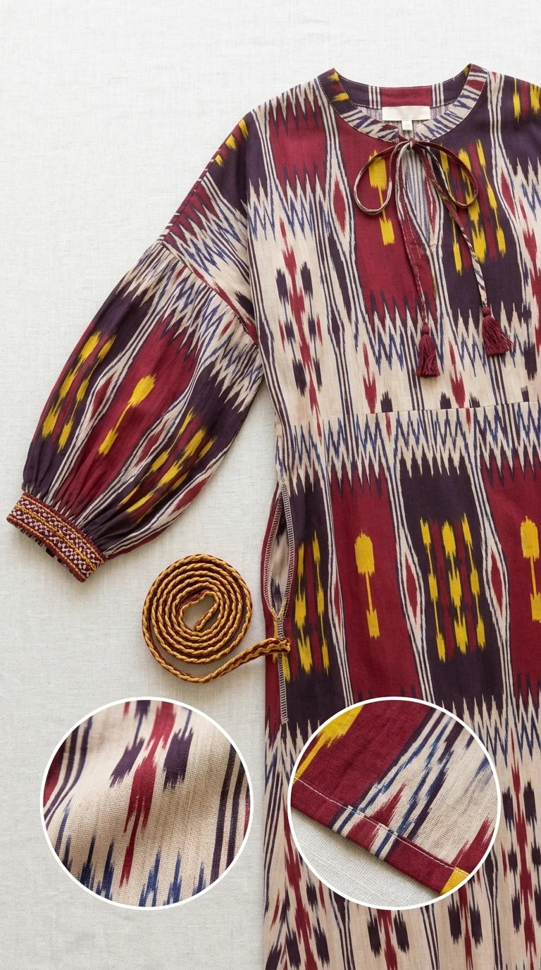 Close-up details of neckline, sleeve, and fabric texture