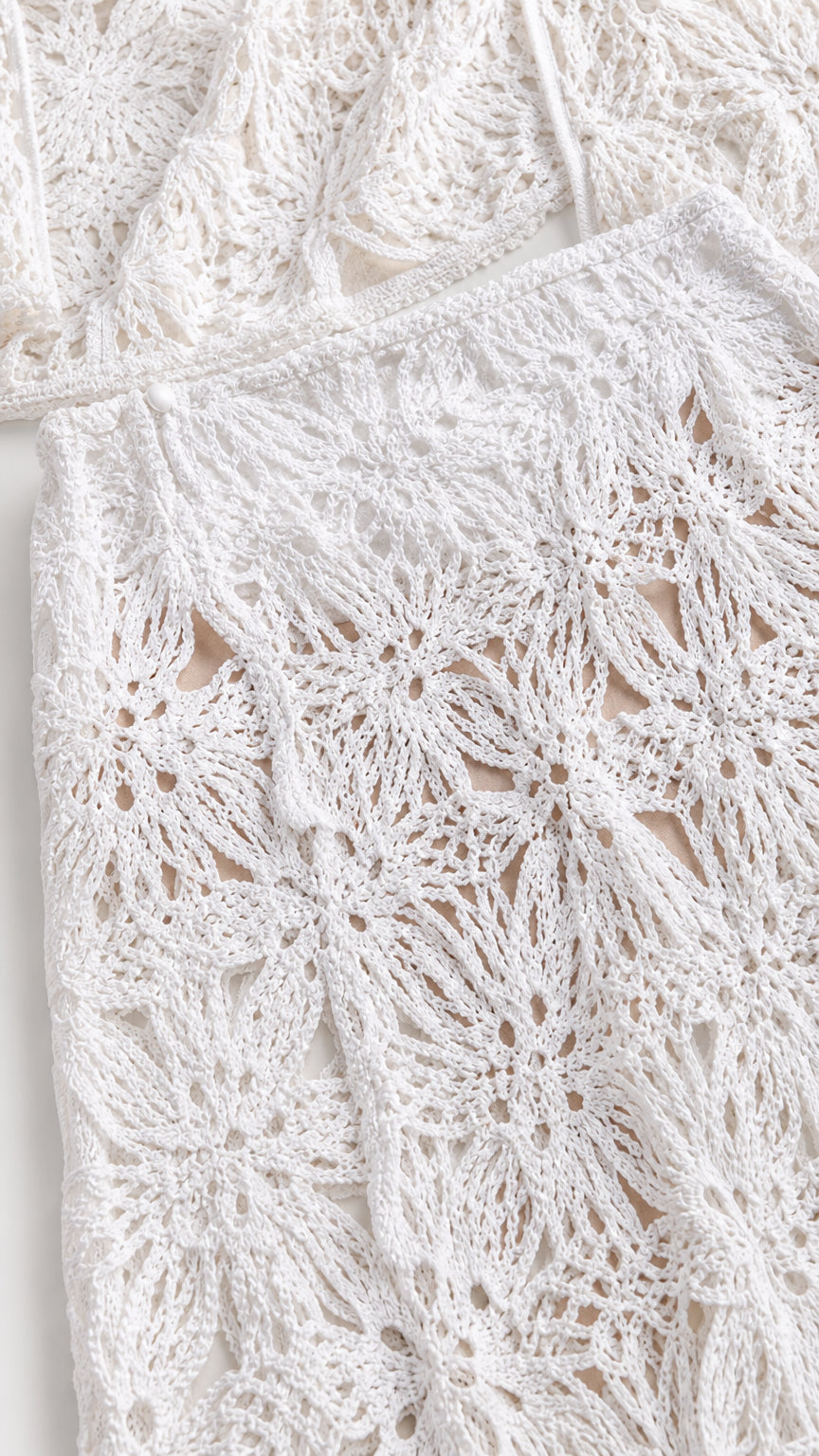 Close-up detail of white floral crochet knit pattern