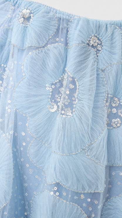 Close-up detail of tulle floral appliqués and sequins on light blue dress