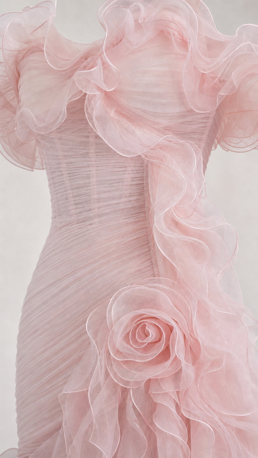 Close-up detail of structured bodice, ruffles, and rosette applique on pink gown