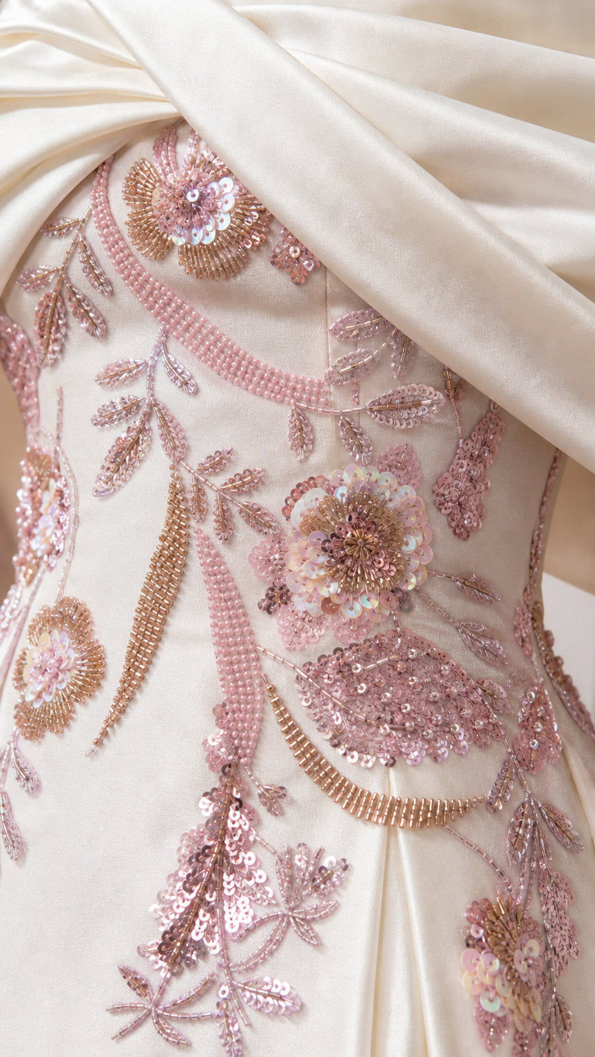 Close-up of floral embroidery and beadwork detail
