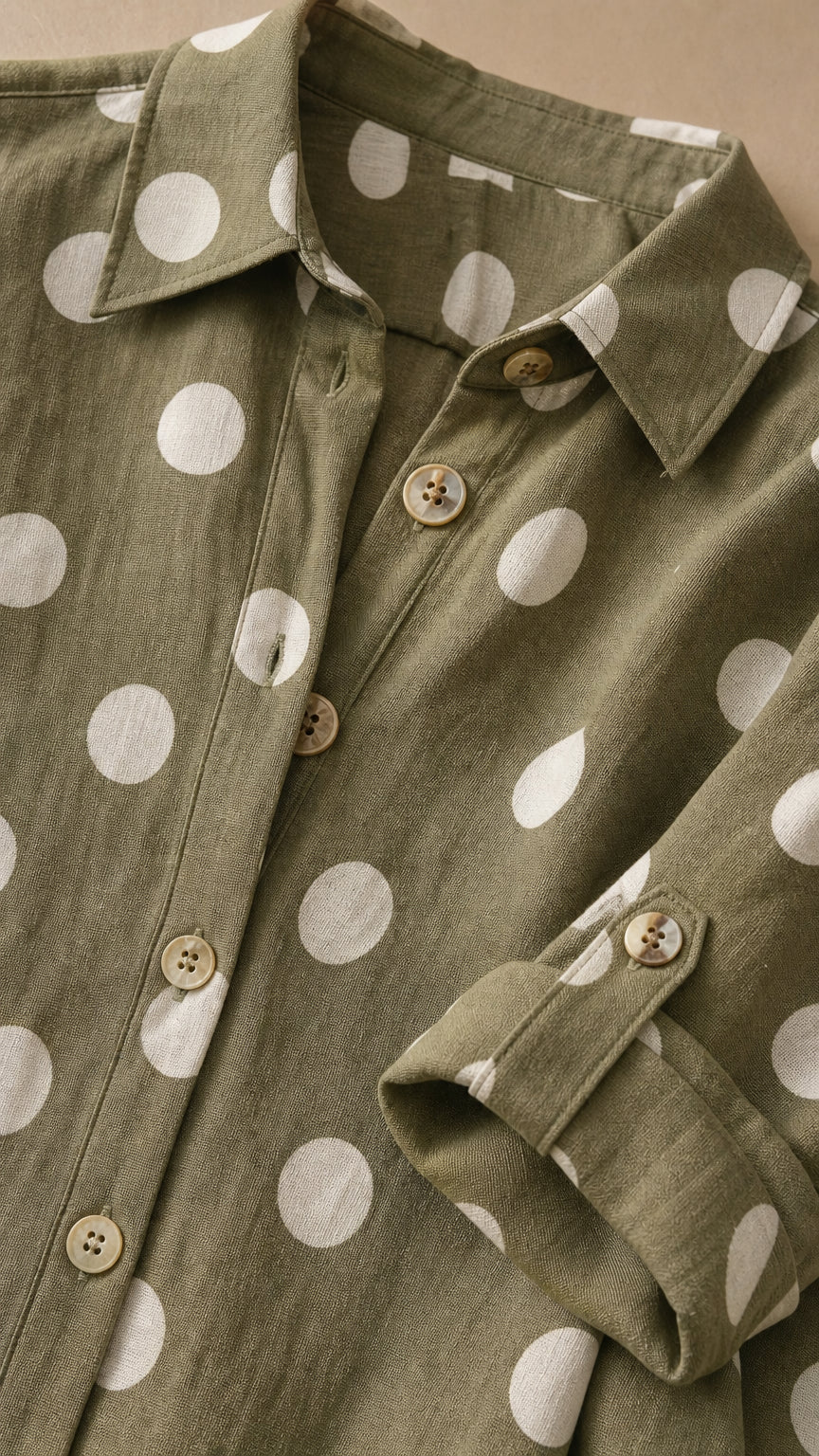 Close-up detail of collar, buttons, and roll-tab sleeve on olive polka dot dress