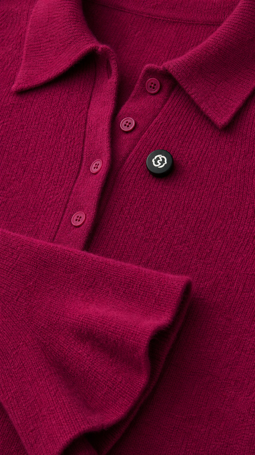 Close-up detail of magenta knit fabric, polo collar, and buttons