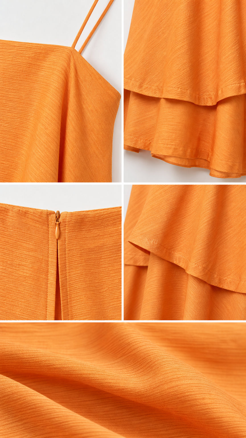 Detailed close-ups of orange dress straps, tiers, zipper, and fabric texture