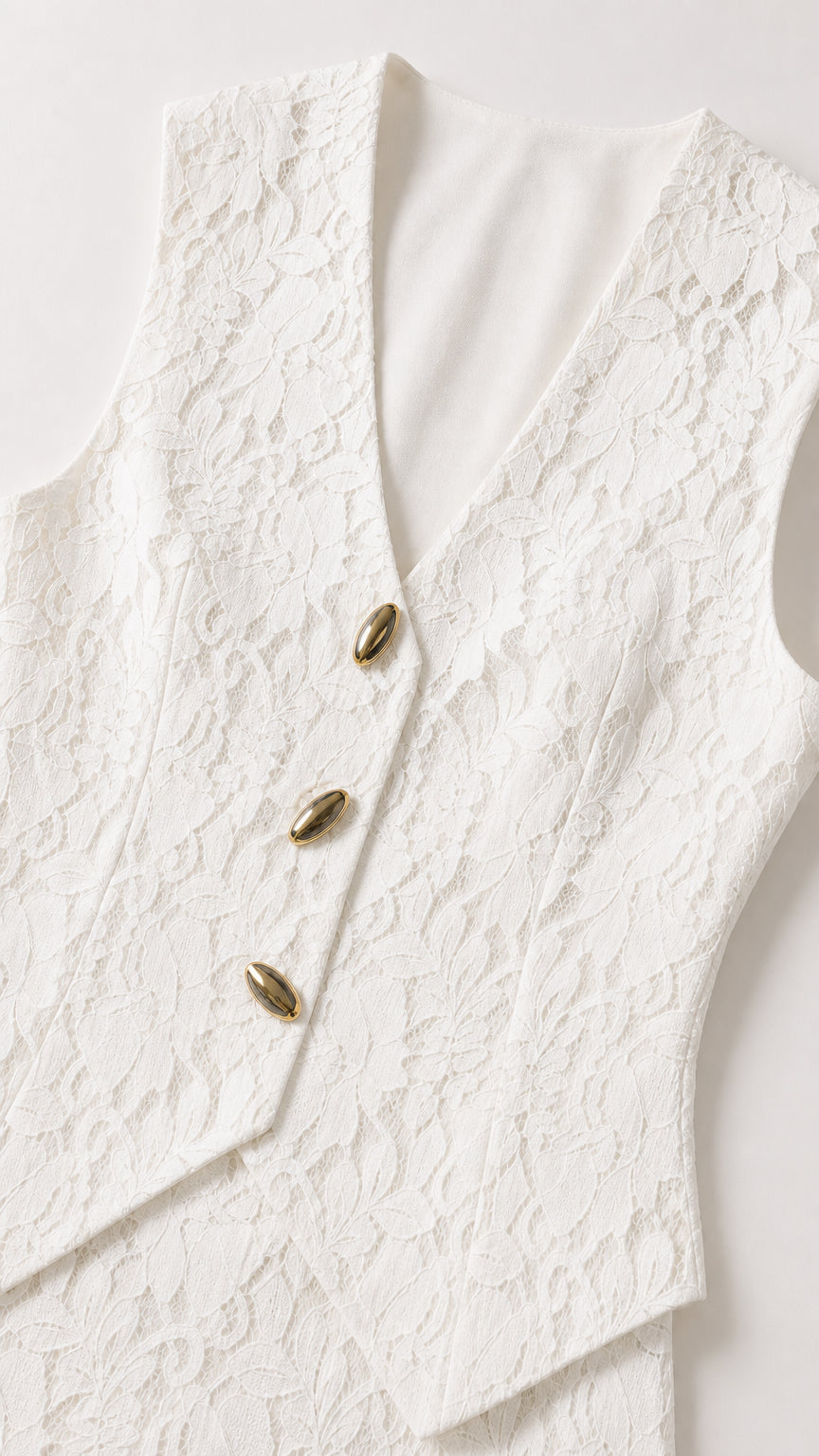 Close up of white lace vest detailing and buttons