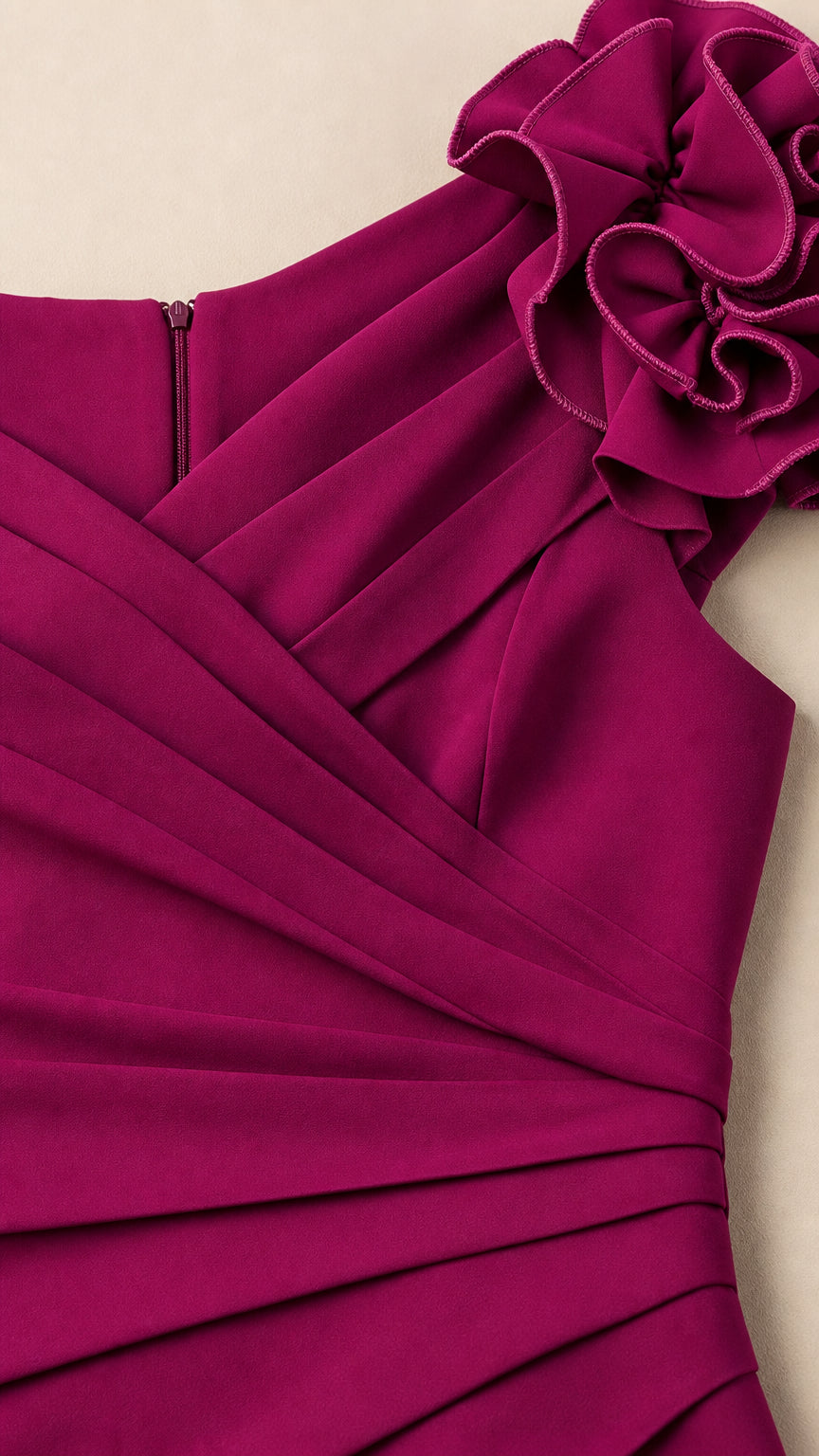 Close-up of fuchsia dress shoulder rosette and bodice
