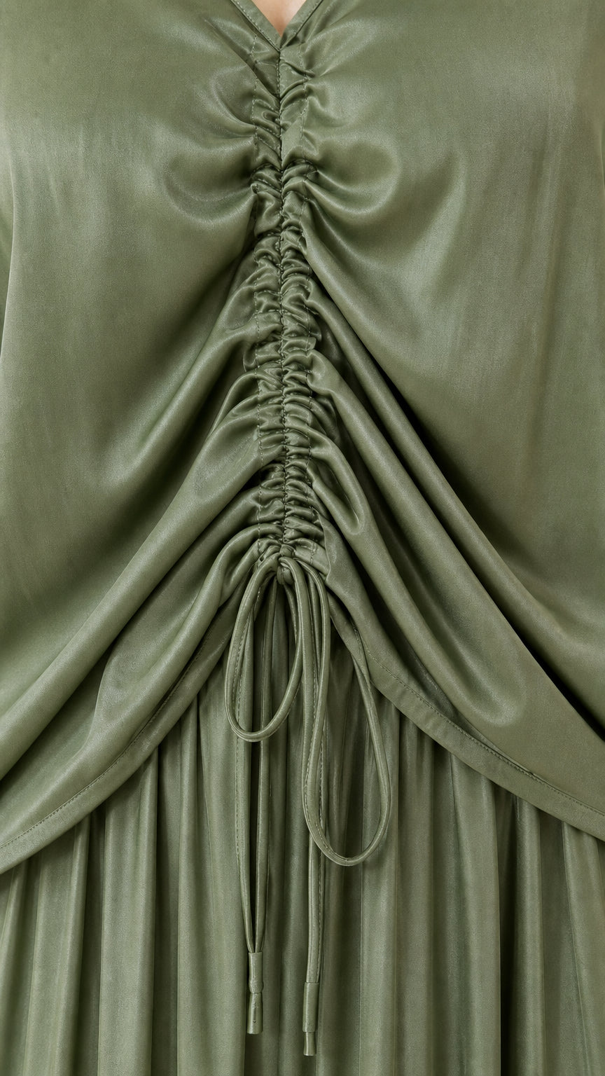Close-up detail of front drawstring ruching on bodice