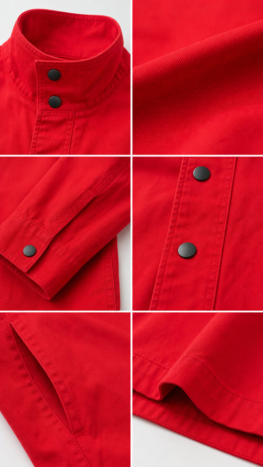 Detailed close-up of stand collar, snap buttons, twill fabric weave, and pocket construction