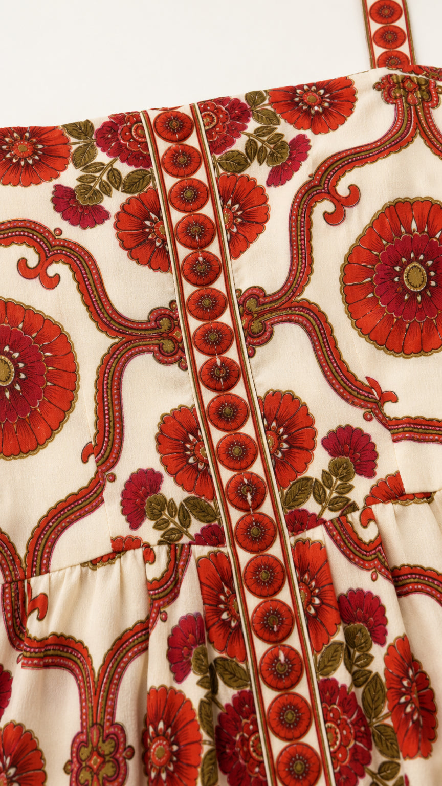 Close-up detail of the vintage-inspired floral print and fabric texture
