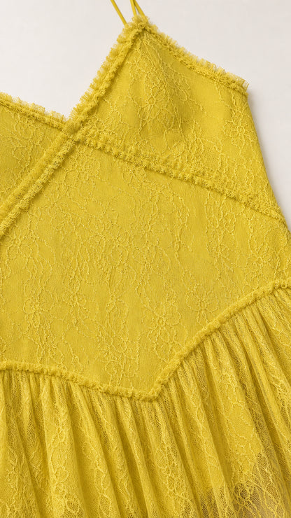 Close-up detail of yellow lace bodice and straps