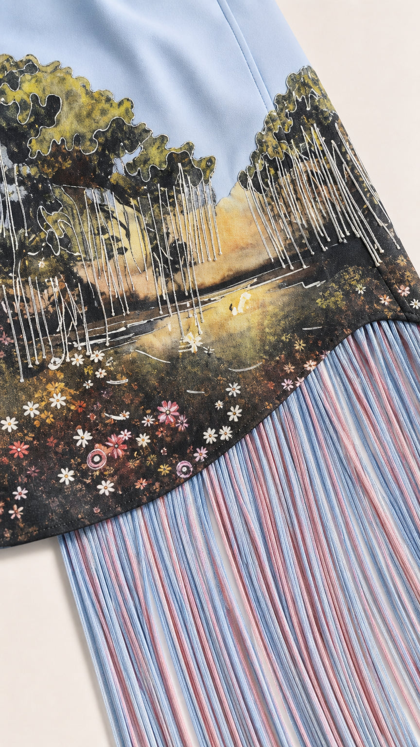 Close-up detail of landscape graphic print and cascading fringe hem