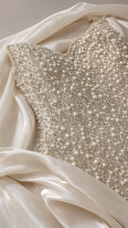 Close-up detail of intricate bead and pearl embellishments on sweetheart neckline