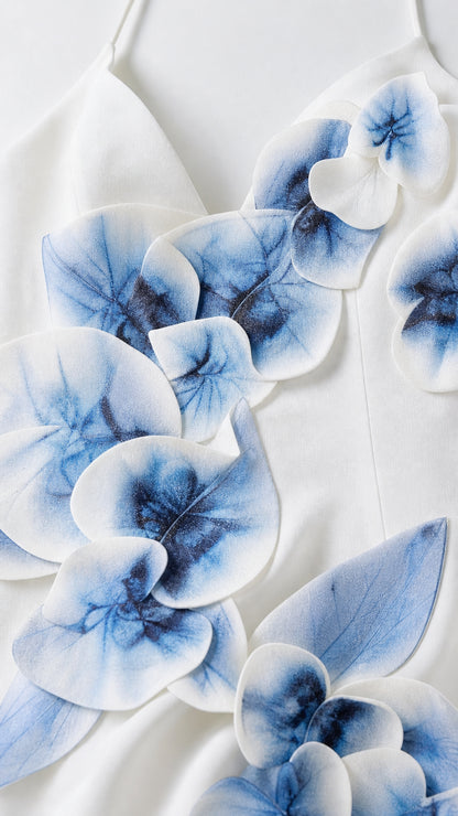Close-up detail of blue-and-white 3D floral appliques