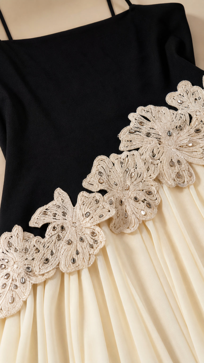 Close-up of floral lace applique and beadwork on Black dress