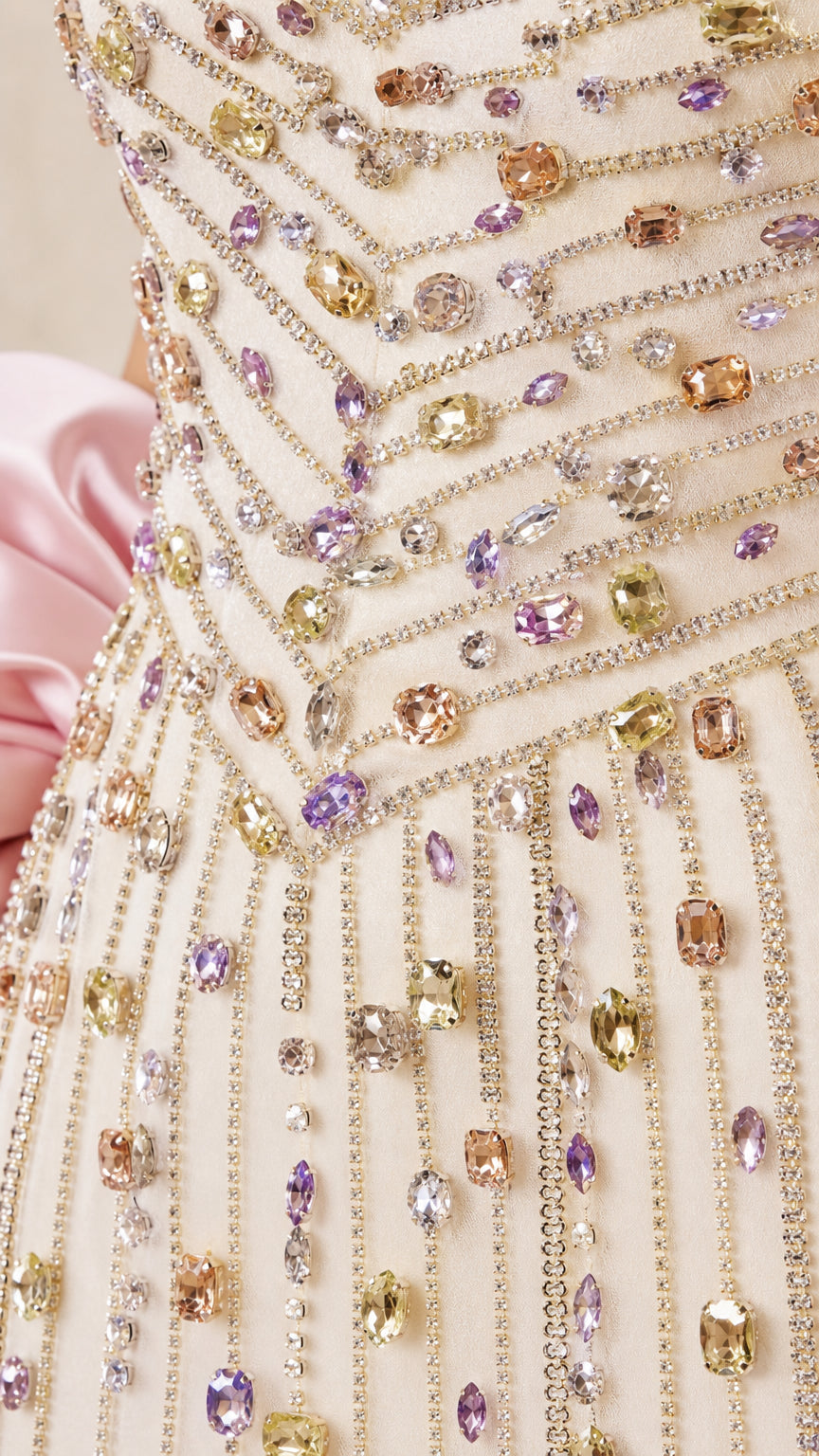 Close-up detail of multi-colored crystal beadwork on bodice