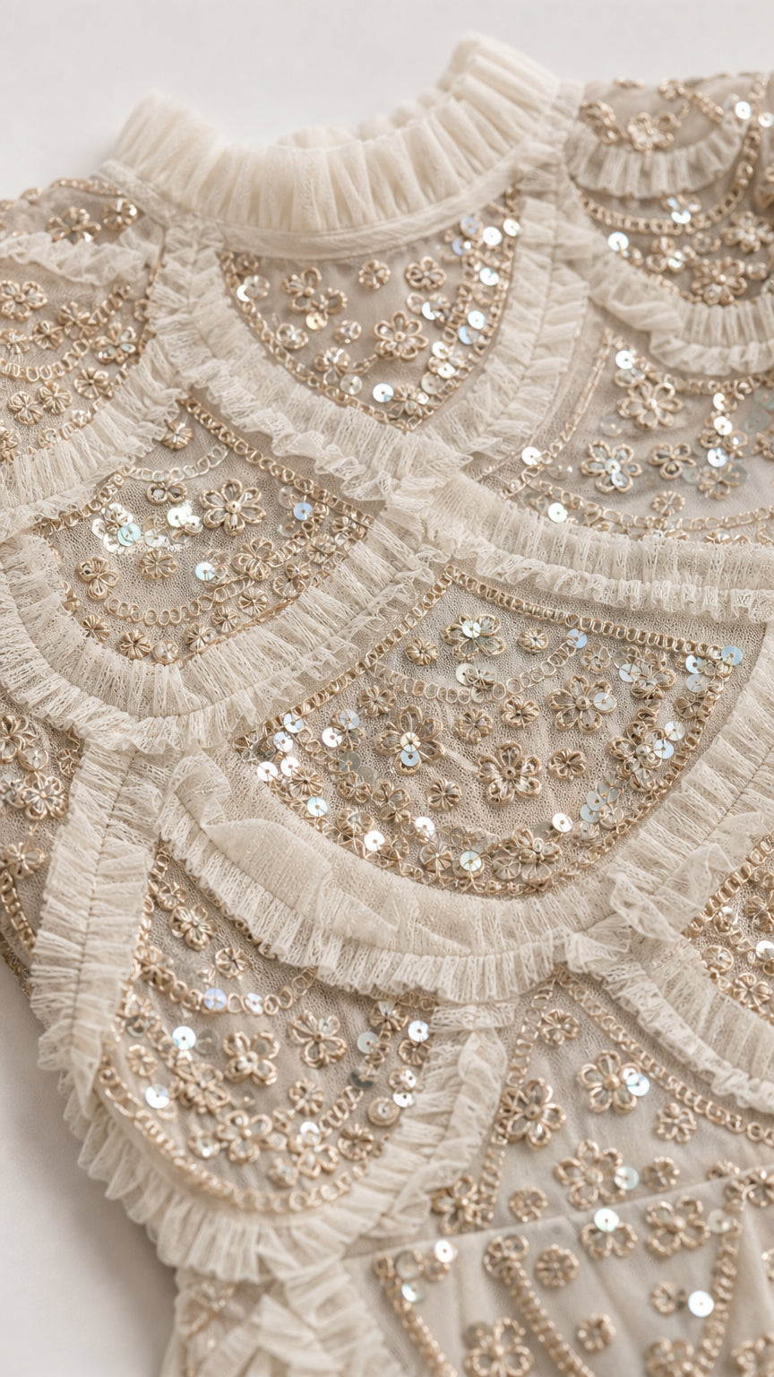 Close up of intricate sequin and bead embroidery on Champagne dress