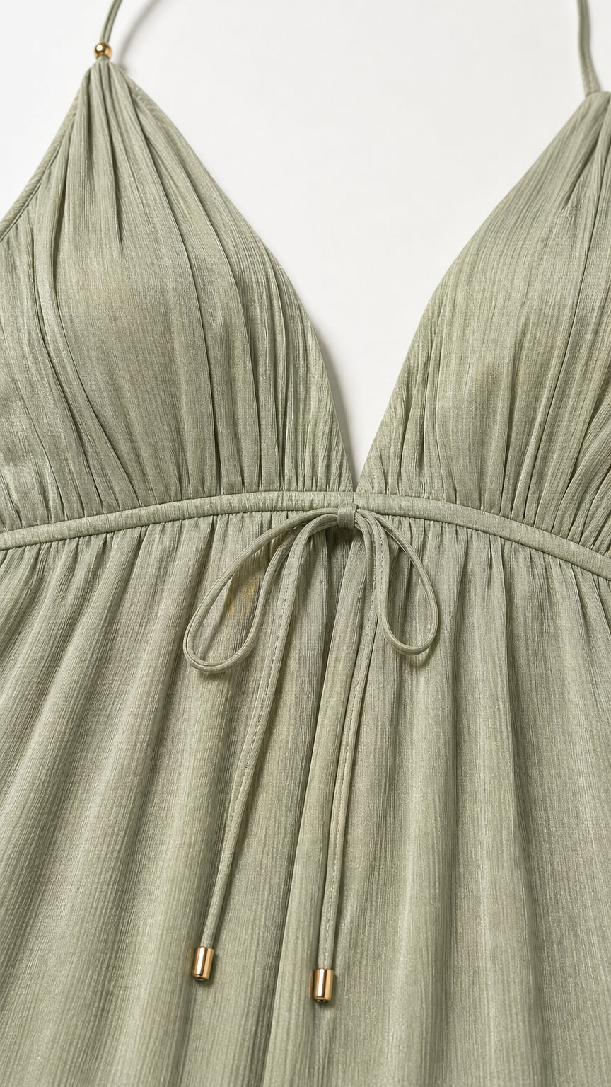 Close-up of bodice and adjustable drawstring on sage green dress