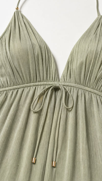 Close-up of bodice and adjustable drawstring on sage green dress